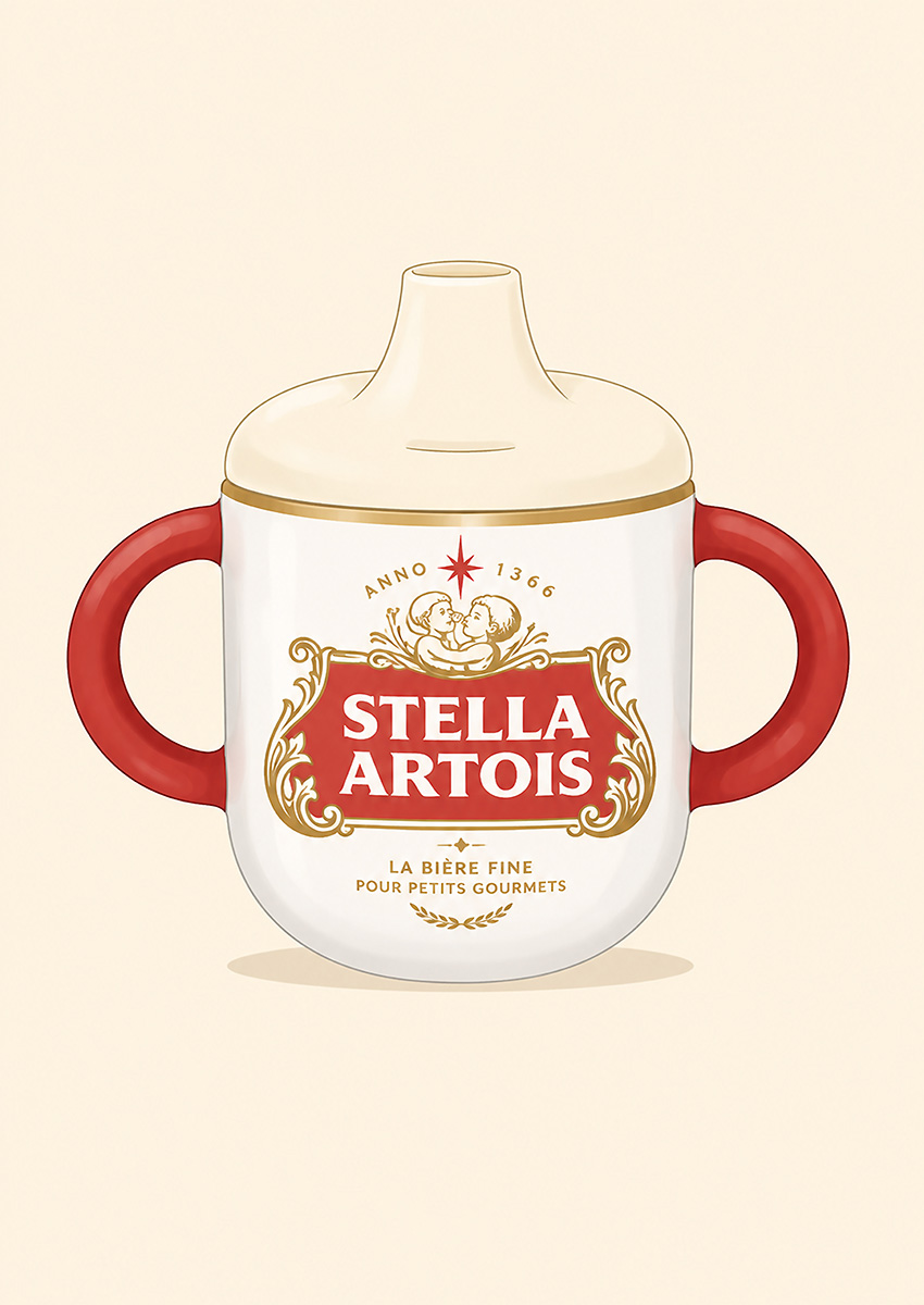 Playful artwork featuring a baby sippy cup designed with Stella Artois branding and red handles